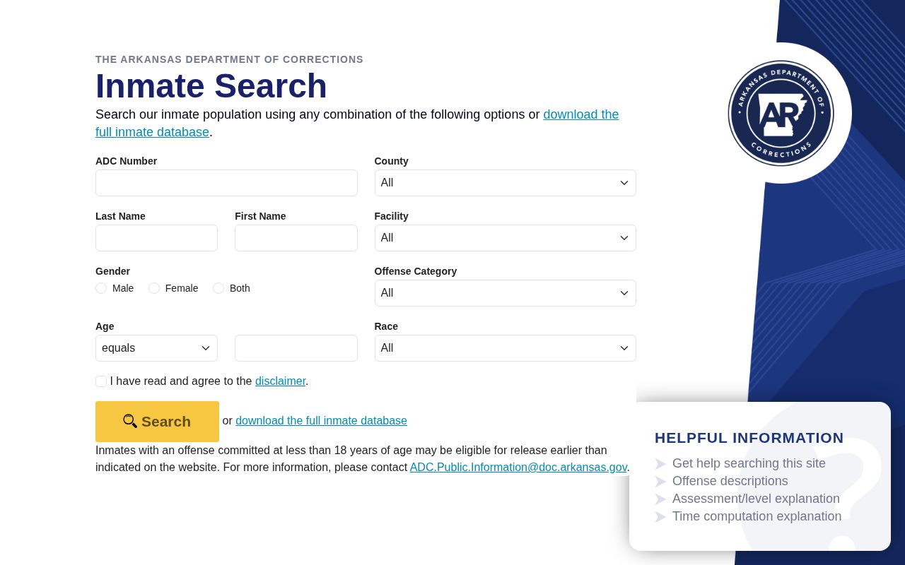 Arkansas Department of Corrections search for Prairie County offender photos and records