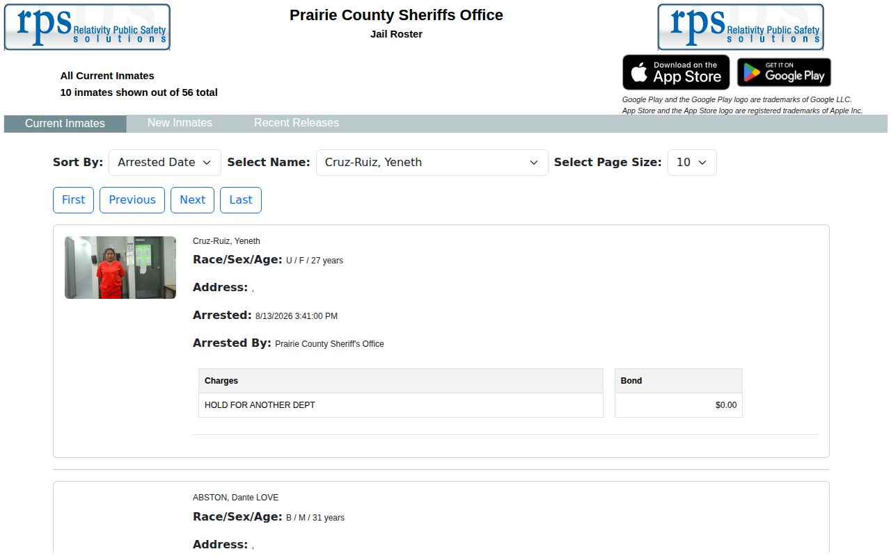 Prairie County current jail roster and booking record interface