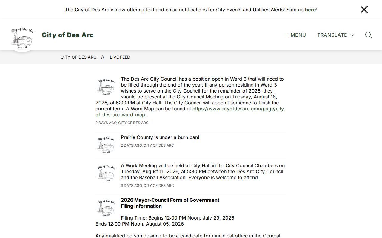 Des Arc municipal live feed with police and city record notices