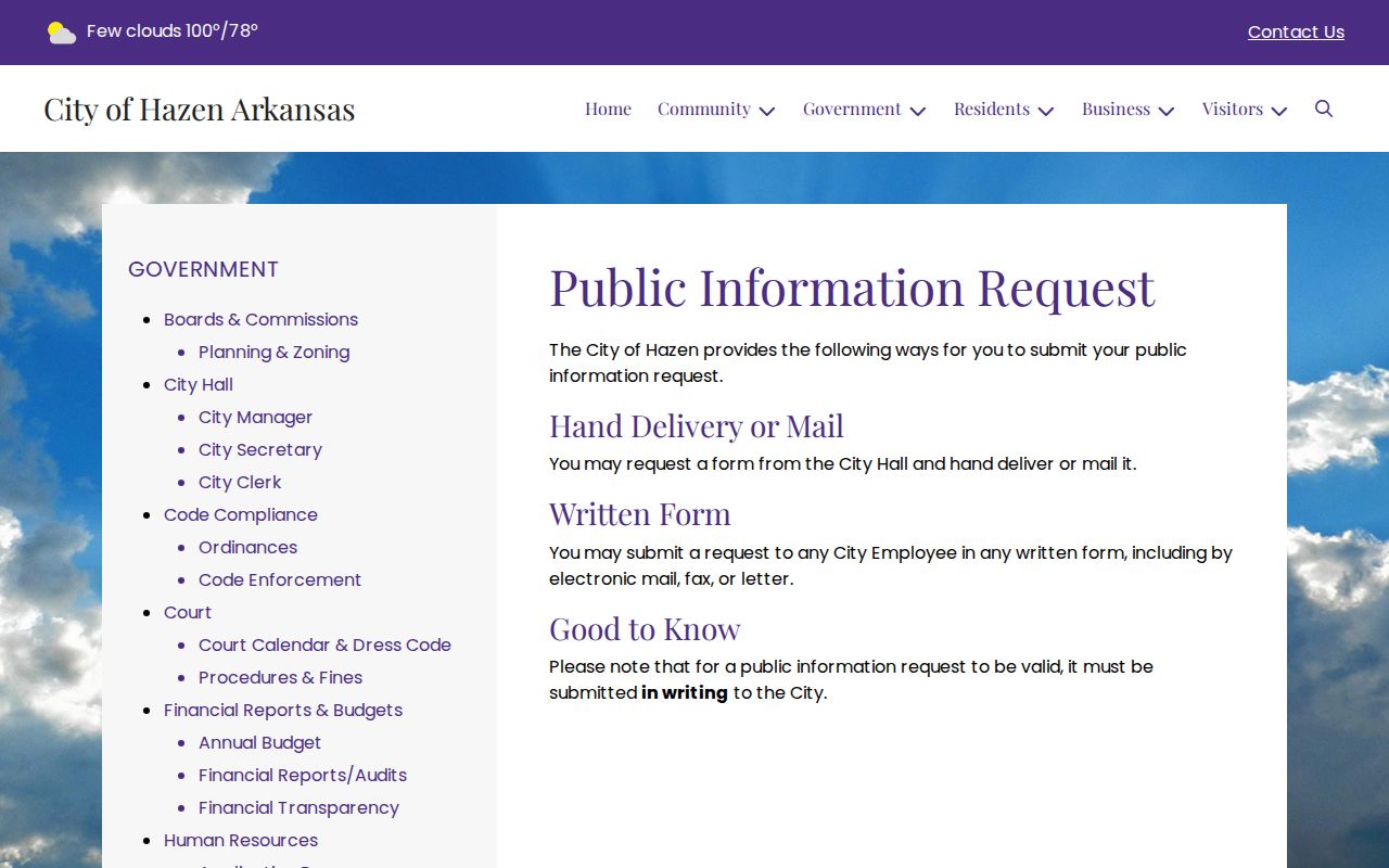Hazen public information request form for police arrest records