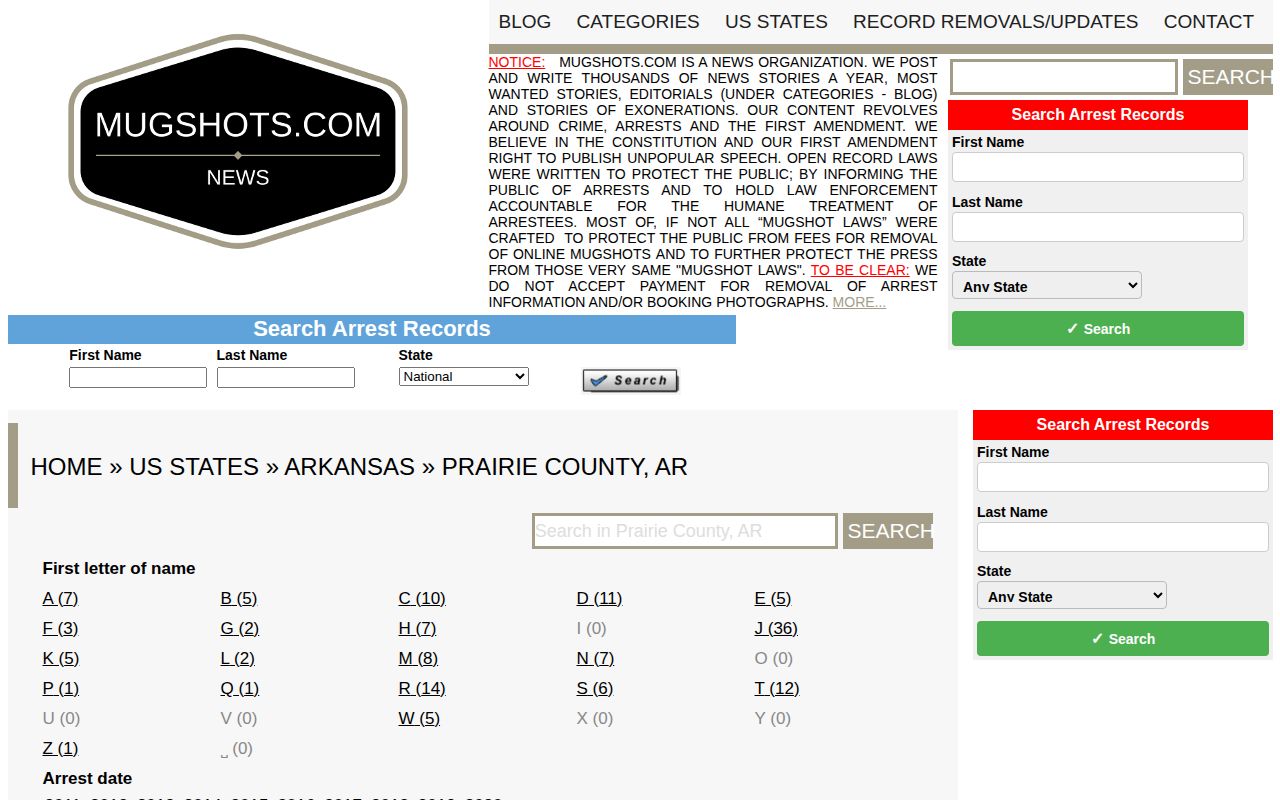 Archival-looking Mugshots.com Prairie County arrest record section