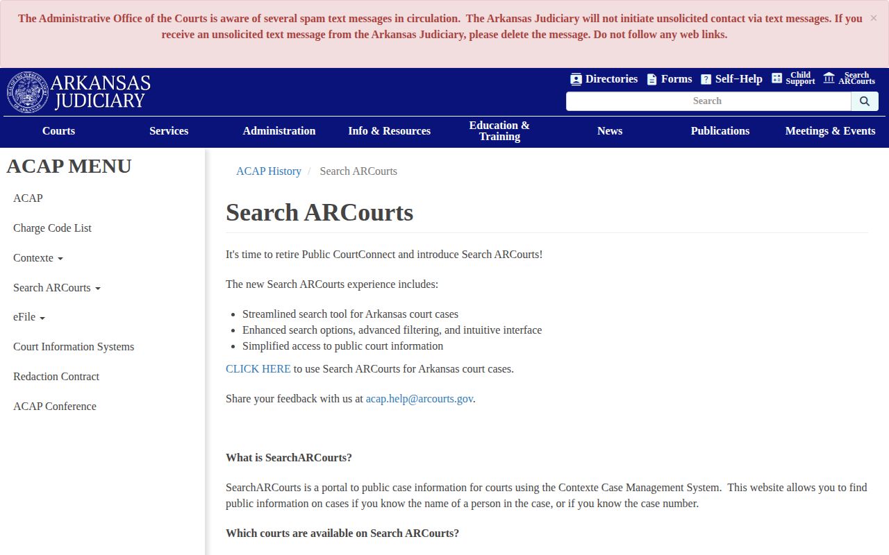 Prairie County court record research on the Arkansas CourtConnect information page